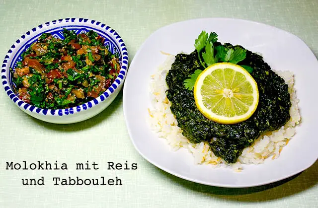 Molokhia mit Tabbouleh und Reis
