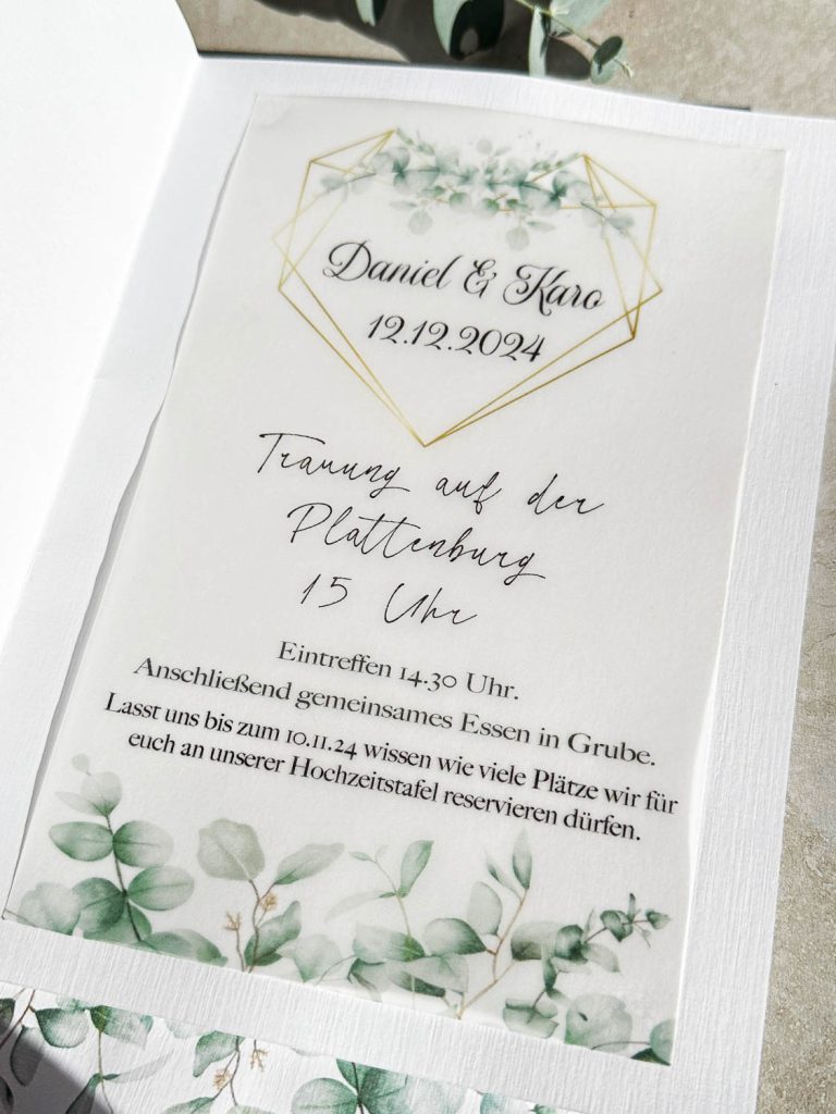 Hochzeitseinladungen selber machen 7 Hochzeitseinladungen selber machen mit Plotter -Eucalyptus gold